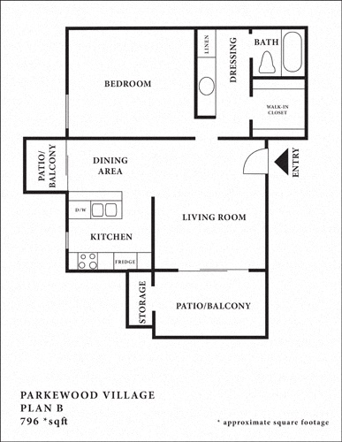 Floor plan for 1 bed, 1 bath, 796 sqft